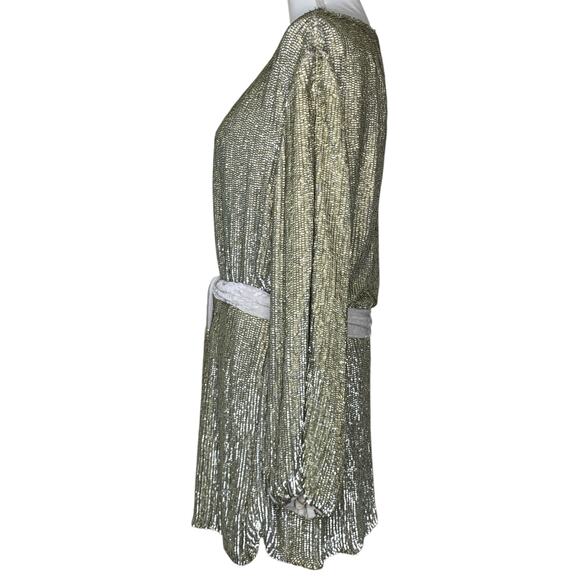 Retrofête Selma Champage Sequin Split Sleeve Keyhole Belted Robe Mini Dress - Picture 5 of 16